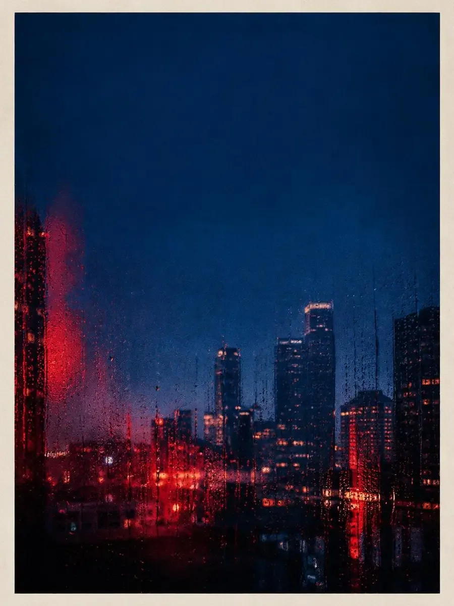 《第三轮融资那天下了雨》封面：傍晚雨中的城市窗景，深海蓝天空与石榴红倒影